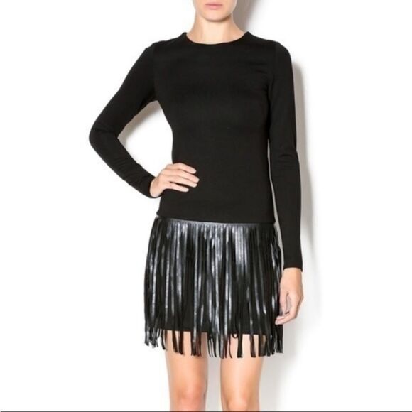 Amanda Uprichard Wm’s Sz XS Black Bodycon Long Sleeve Bodycon Fringe Mini Dress - Picture 2 of 9